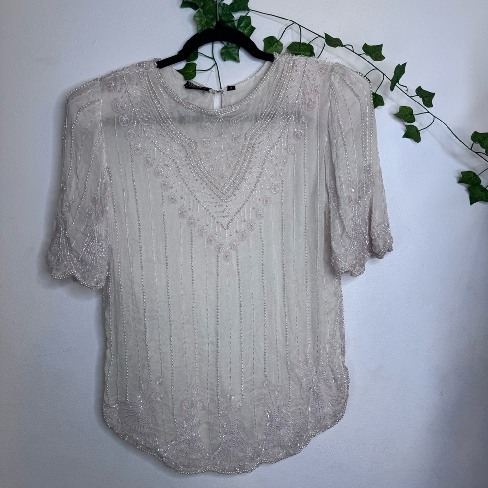 Mark and John Elegant Silk Cream Women's Top Beaded Sz small scalloped India VTG